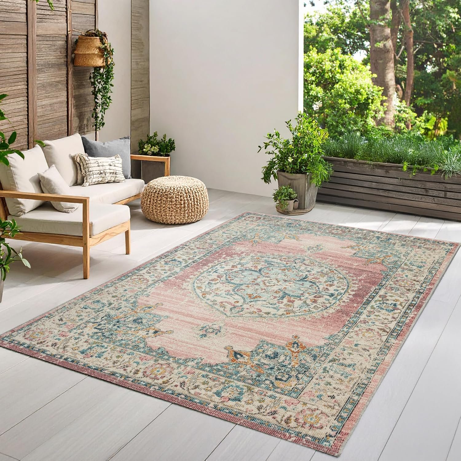 the carpet Palma Indoor & Outdoor Rug, Flat Weave, Robust, Modern Design, Vintage Look, Used Look, Super Flat, UV and Weather Resistant, Orient Pattern, Pink, 140 x 200 cm