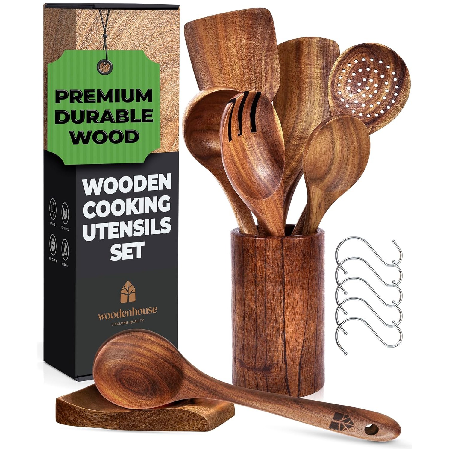 Wooden Spoons for Cooking – Wooden Utensils for Cooking Set with Holder, Spoon Rest & Hanging Hooks, Teak Wood Nonstick Kitchen Cookware – Durable Set of 8pcs by Woodenhouse
