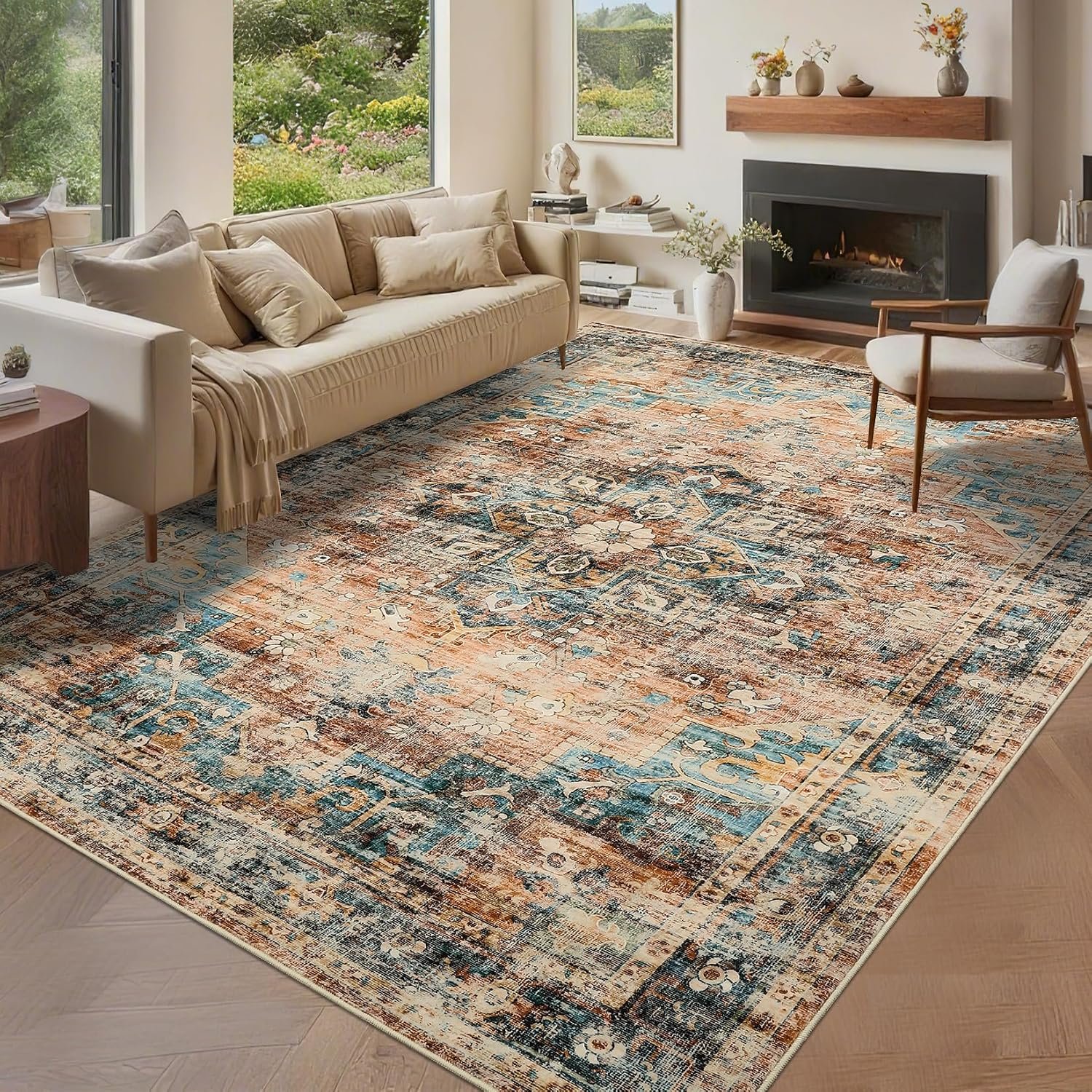 FairyStyle 160x230cm Large Rug for Living Room Machine Washable Vintage Area Rug Indoor Non-Slip Bedroom Carpet Low Pile Stain Resistant Dining Room Carpet Terracotta Teal