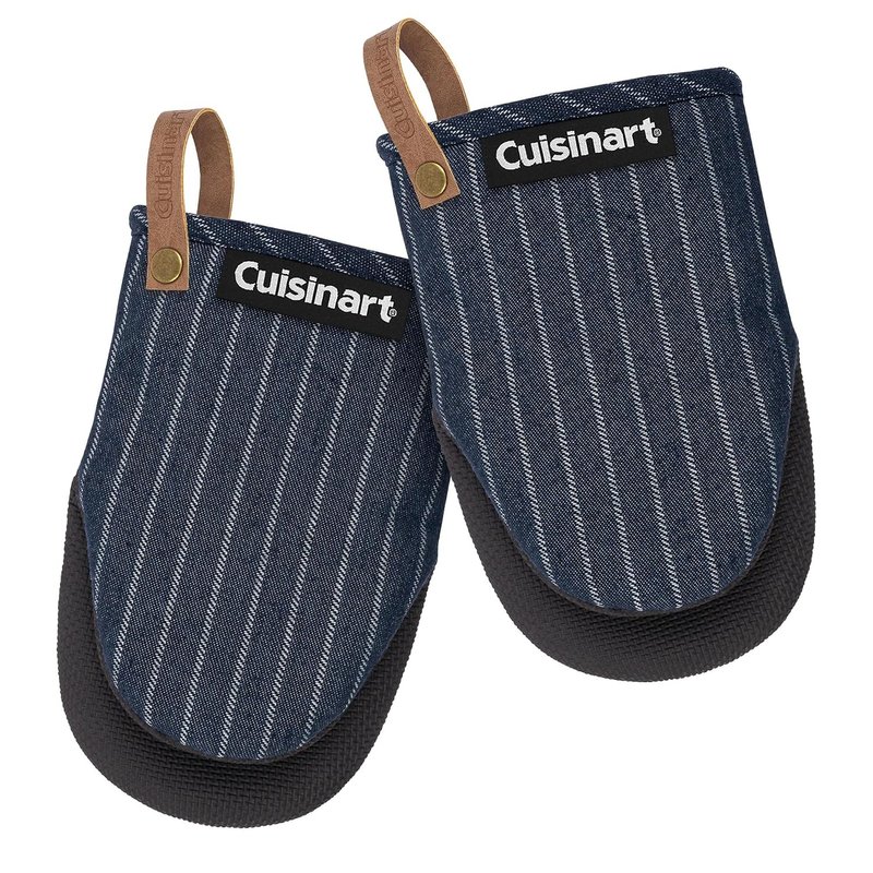 Cuisinart Heritage Mini Oven Mitts–5.5”x7” Heat-Resistant Kitchen Mitts for Oven with Non-Slip Neoprene Palm, Cotton Filling, and Faux Leather Loop–Durable Oven Mitt Set (Denim Pinstripe)