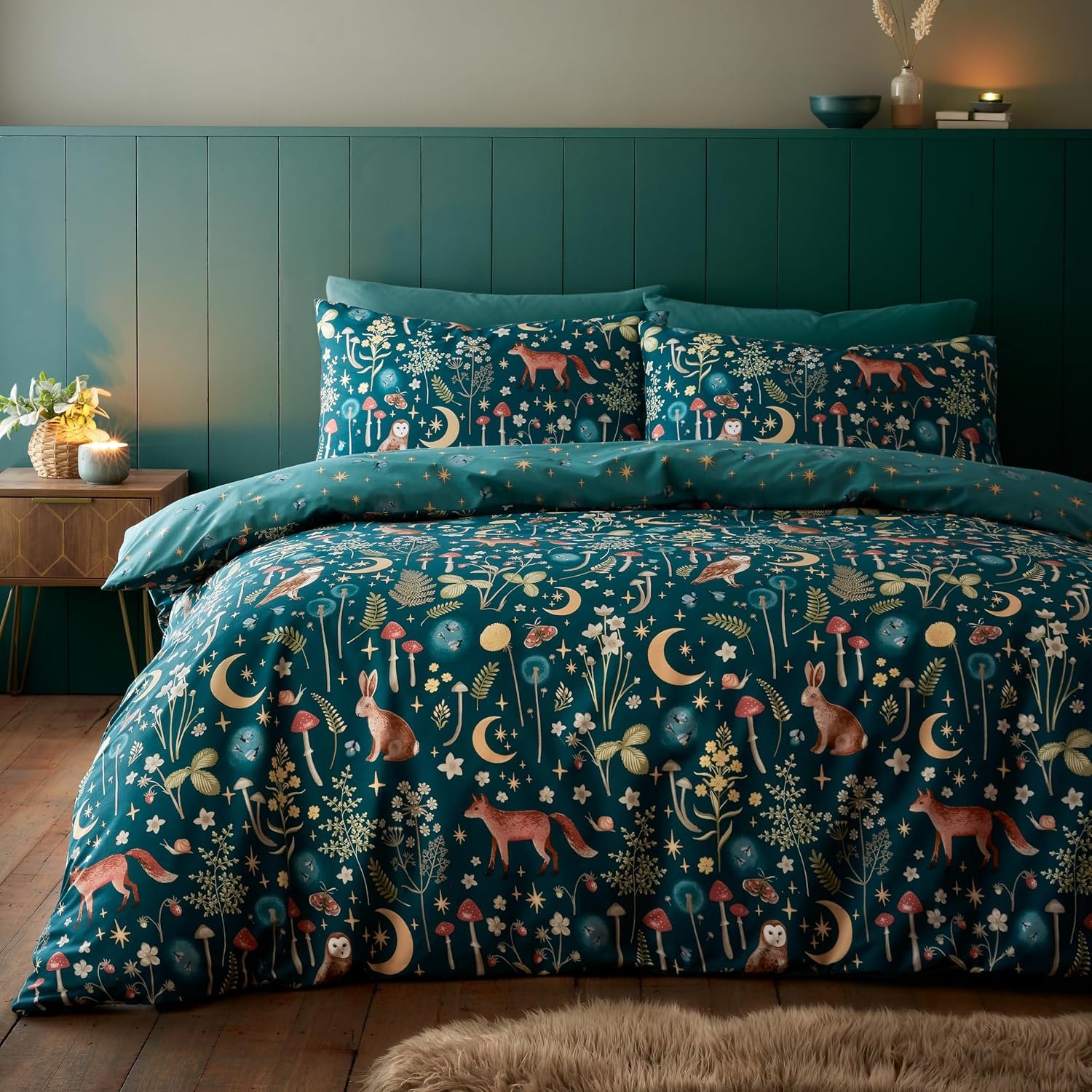 Catherine Lansfield Enchanted Twilight Reversible Double Duvet Cover Set with Pillowcases Forest Green