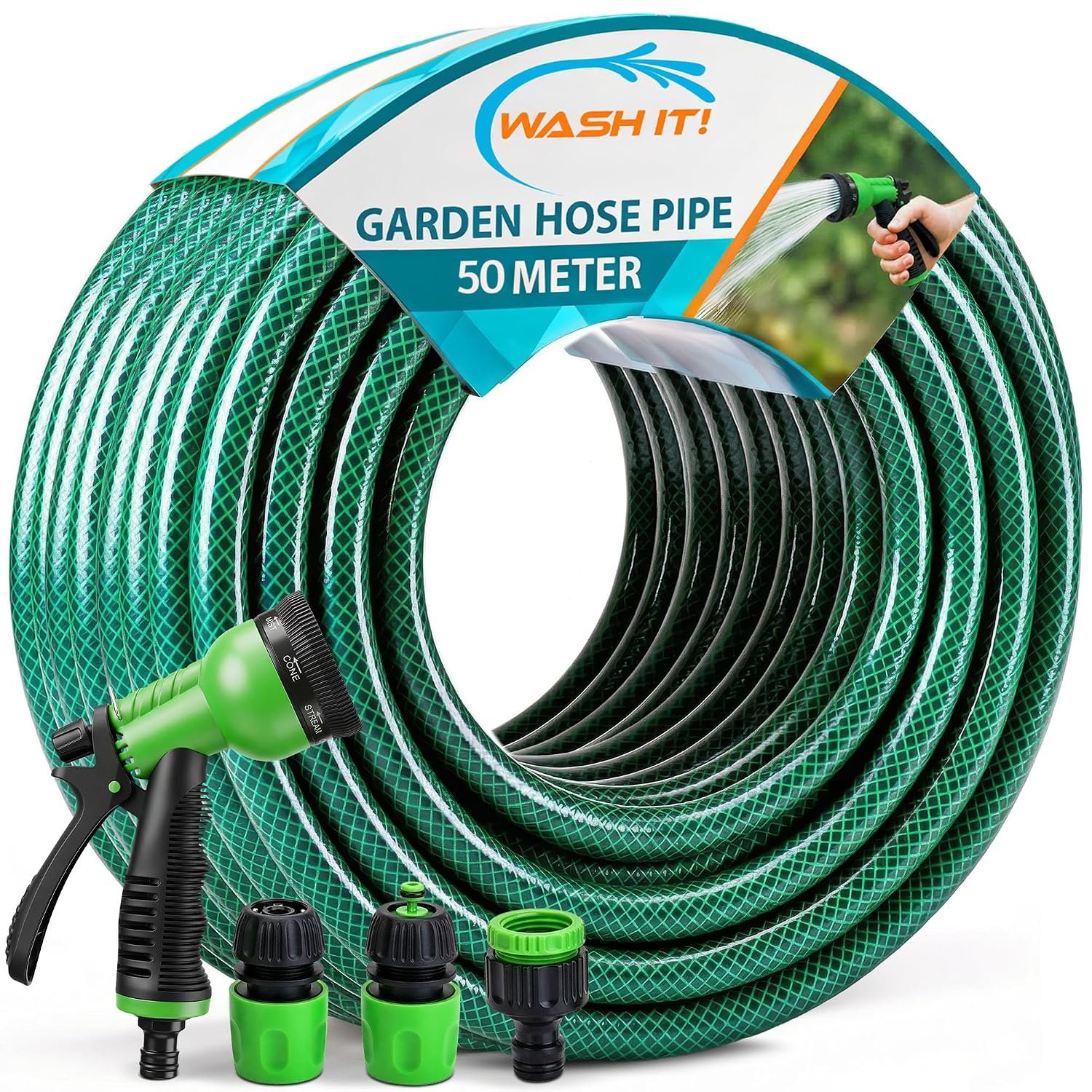 Garden Hose Pipe with Connectors and Hosepipe Spray Gun - Reinforced Garden Hose Set Including Adjustable Hosepipe Spray Gun, Tap Connector and 2 Couplers for Plant Watering and Car Washing (50m)