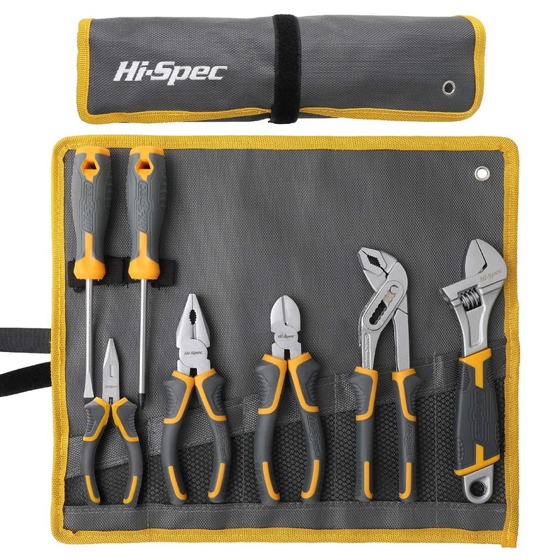 Hi-Spec 7pc Pliers Set Home DIY & Plumbing Hand Tool Set for Household Repair & Maintenance with Combination Plier, Adjustable Wrench, & Screwdrivers in Roll-Up Tool Bag