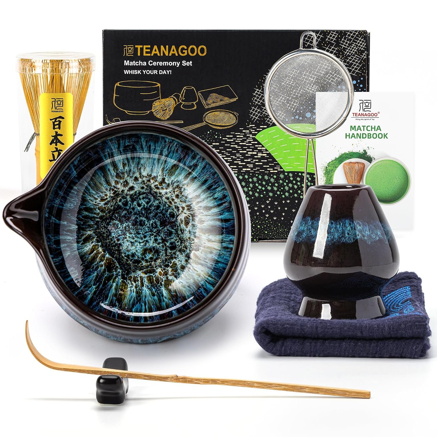 TEANAGOO Matcha Whisk, 7 Pcs Matcha Set, Matcha Kit for Ceremony, Matcha Tea Set for Making Breakfast/Latte, Ceramic Matcha Bowl(chawan) Whith Spout and Whisk, Gift for Matcha Lover