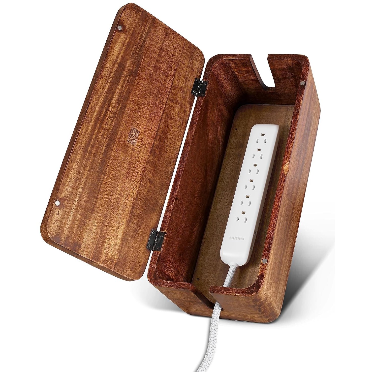 Luxe Designs Cable Management Box – Large Extension Cable Box for Desk, Home or Office – Natural Mango Wood Cable Tidy Box to Hide Wires, Power Strips, Cords – Stylish Cord Organizer & Cable Storage
