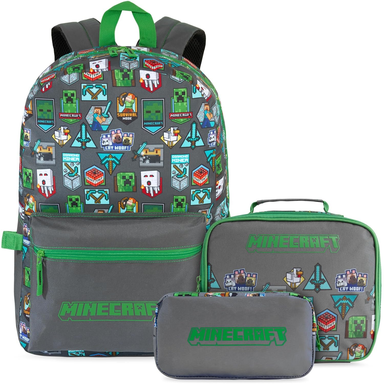 Get Trend Minecraft Boys Backpack Set, 3 Piece School Bag with Insulated Lunch Bag & Pencil Case, Travel Sports Day Rucksack, School Supplies, Gamer Gifts for Kids & Teens (Grey/Green Minecraft)