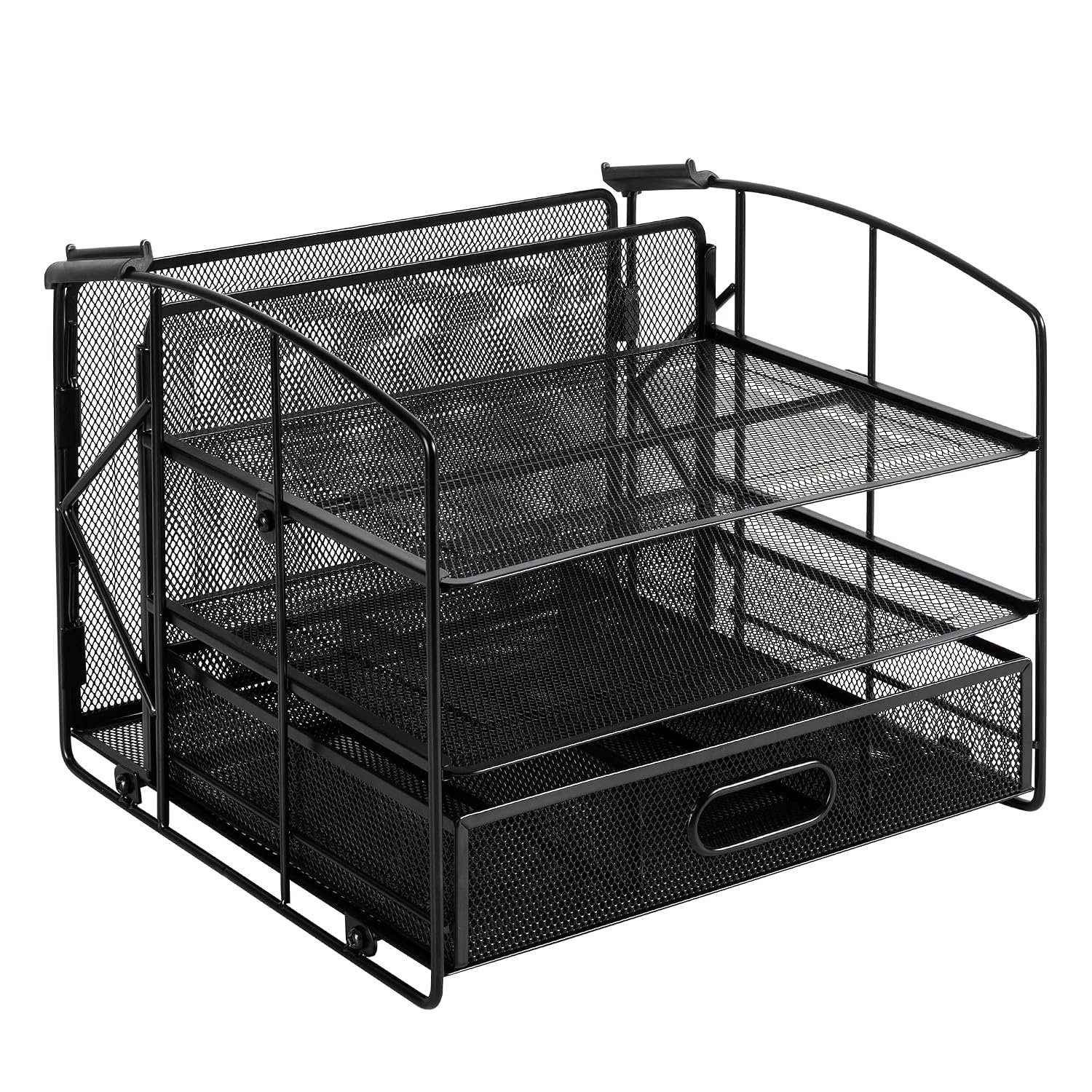 Amazon Basics Mesh Desk Organiser with 3 Trays, Rectangular Desk Tidy for Office Accessories, Sliding Drawer and Hanging File Holder, Black
