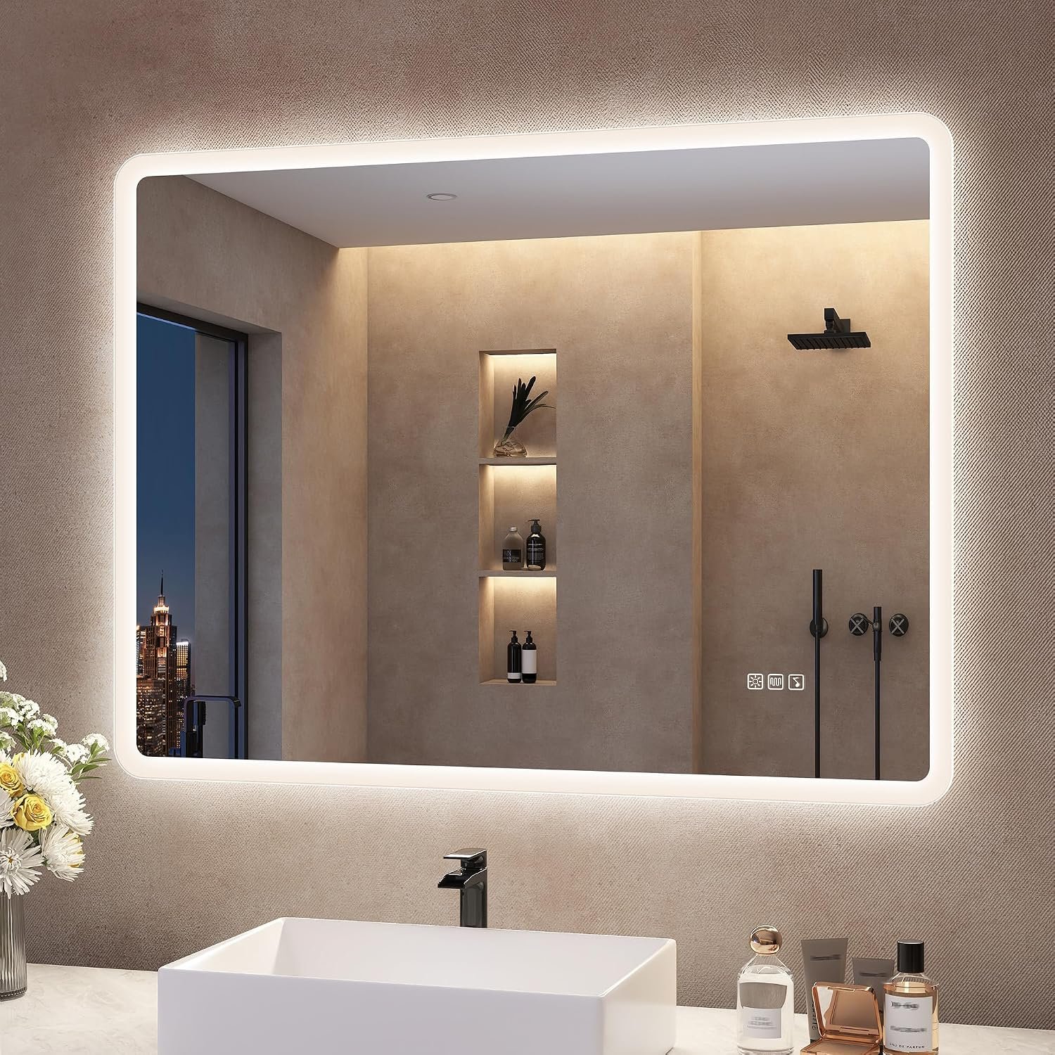 S'bagno Bathroom-Mirror-with-LED-Lights 600x800 mm, LED-Bathroom-Mirror with Bluetooth, Anti-Fog, 3 Colors, Dimmable, Memory, Tempered Glass, IP44 Waterproof, Horizontal/Vertical