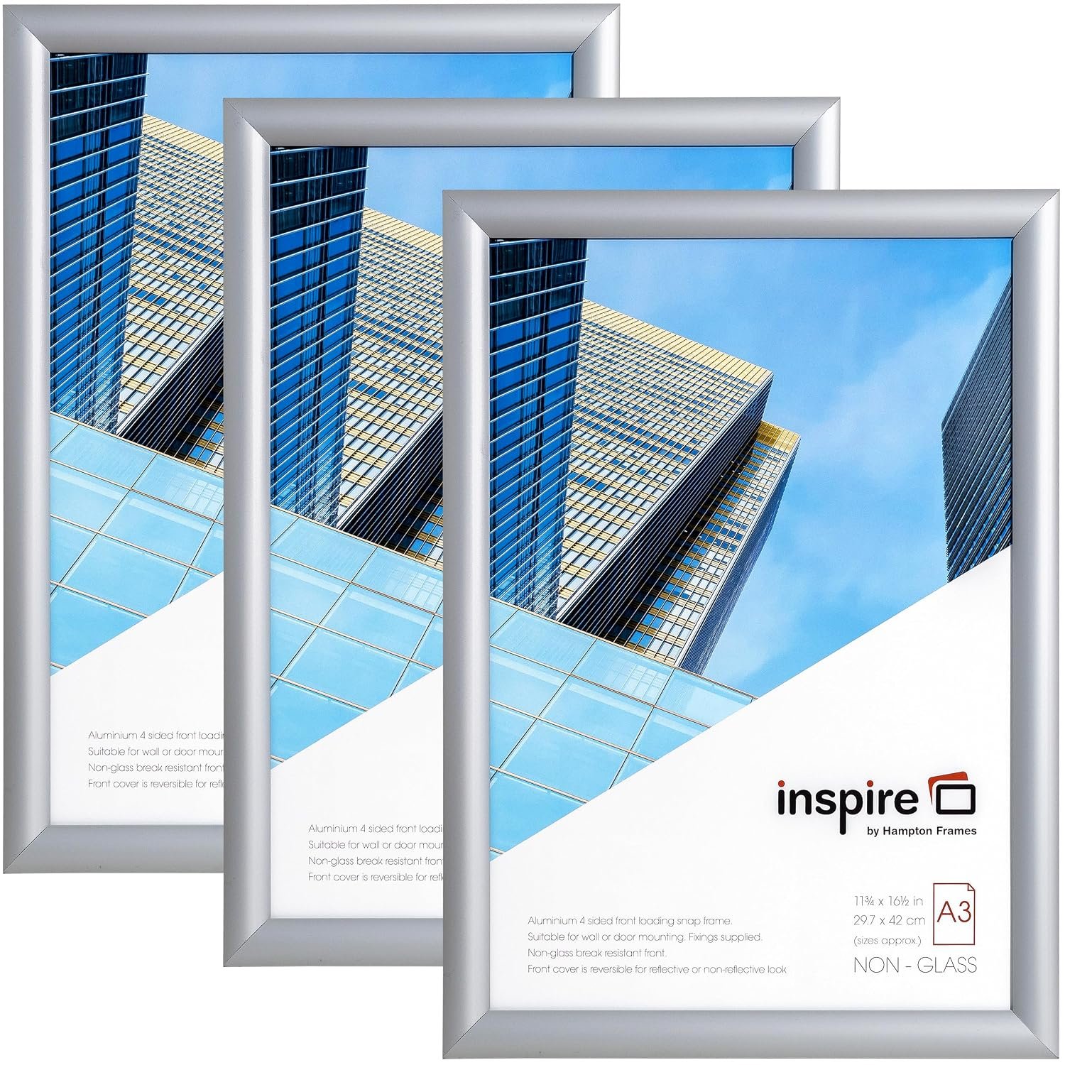 inspire by Hampton Frames | A3 Snap Frame Pack of 3, Silver Aluminium, 30x42cm, Acrylic Front | Easy Snap Mechanism, Wall Mount | Secure Poster Display, Landscape or Portrait Use