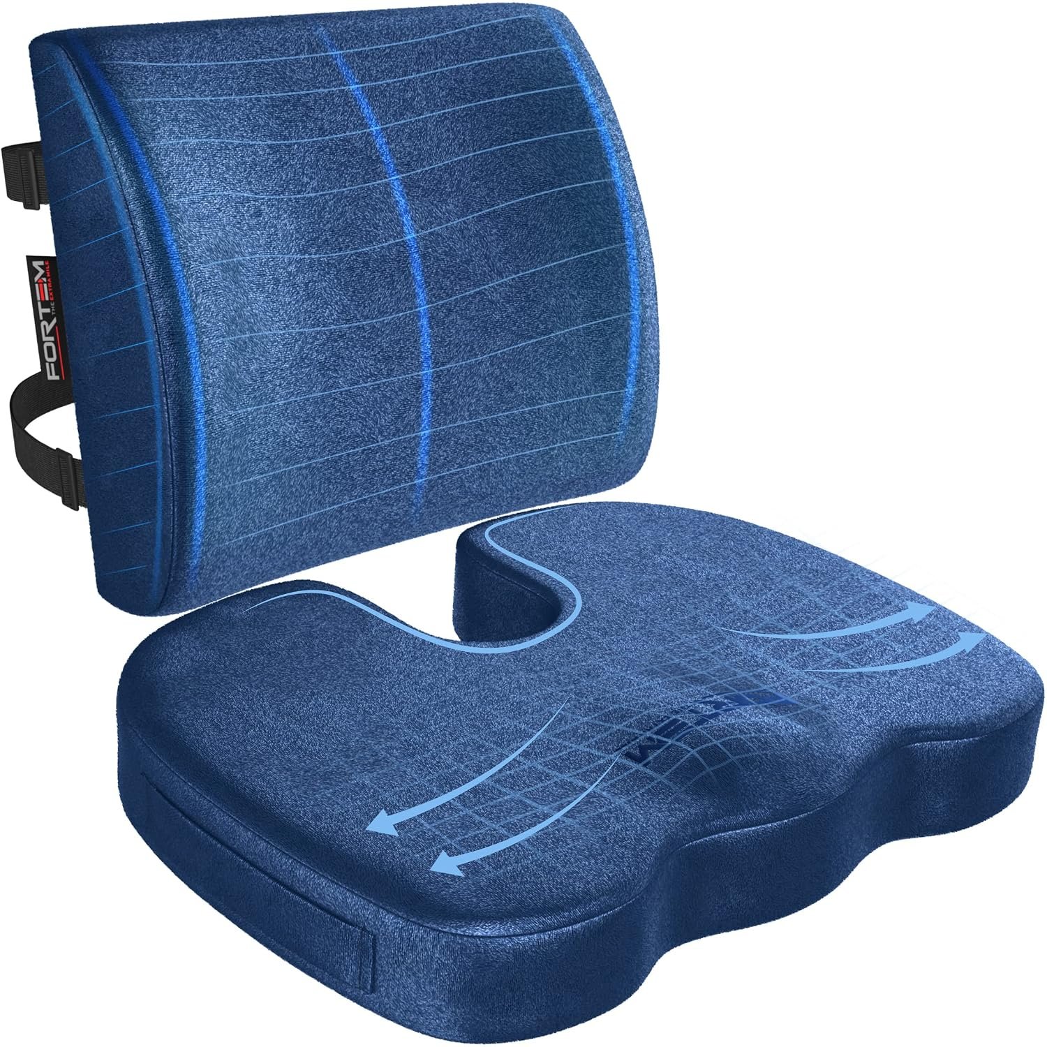 FORTEM Coccyx Cushion, Seat Cushion, Lumbar Support Cushions, Back Support Cushions for Office Chair, Memory Foam Seat Pillow Breathable & Washable Cover, Adjustable Straps