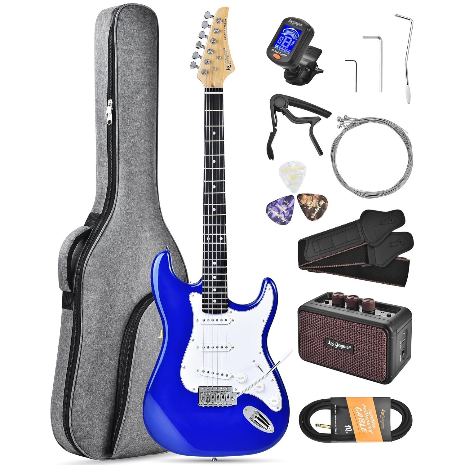 Leo Jaymz Beginner Electric Guitar 39” Kit with Portable Amplifier, Padded Gig Bag, Digital Tuner,Capo,Strap,Picks,Classic SSS Pickups(Royal Blue-SSS)