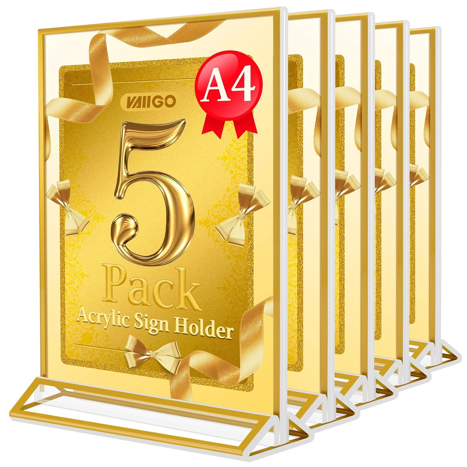 VAIIGO A4 Acrylic Sign Holder with Gold Borders, Upright Double Sided Poster Menu Holder, Ideal for Wedding Table Numbers, Restaurant Banquet Menu Holder, Counter Display Stand, Etc-5 Pack