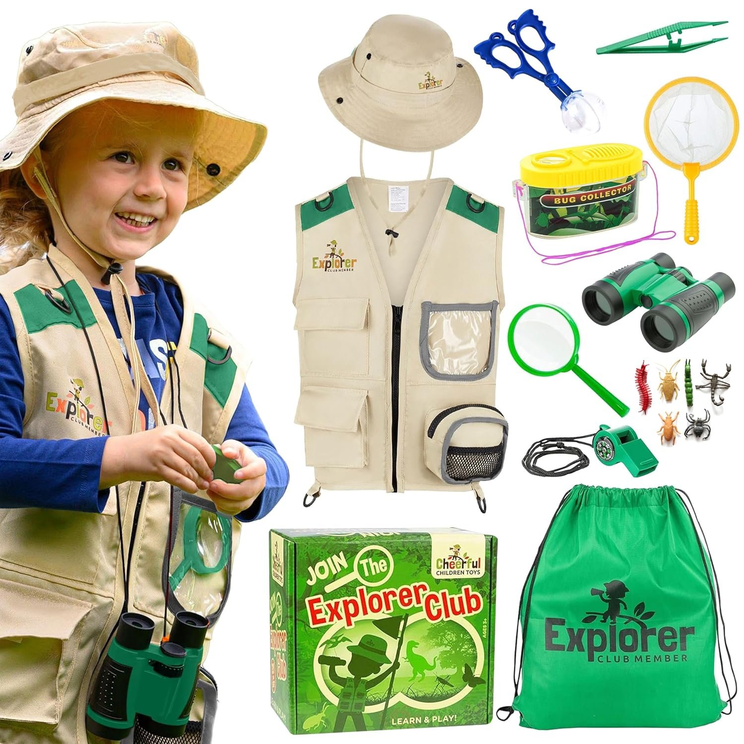 Premium Kids Explorer Kit with Sturdy Accessories for 3-7 Year Old, Bug Hunting Kit Explorer Costume Zoo Keeper Vest & Hat for Boys/Girls, STEM Educational (Green, Explorer Kit Original Set)