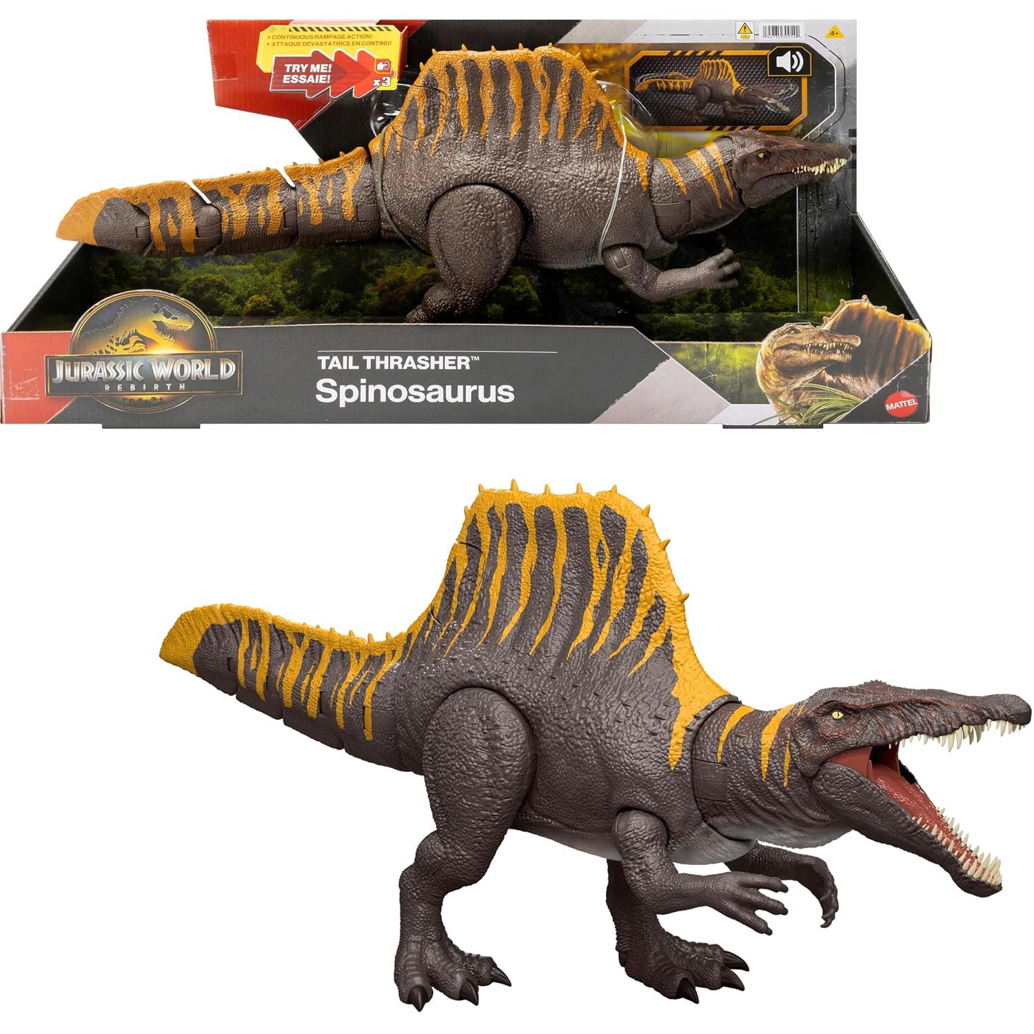 Mattel Jurassic World Rebirth Dinosaur Toy, Tail Thrasher Spinosaurus Action Figure with 2 Attack Moves, Movie-Accurate & Posable, Digital Play, JGB57