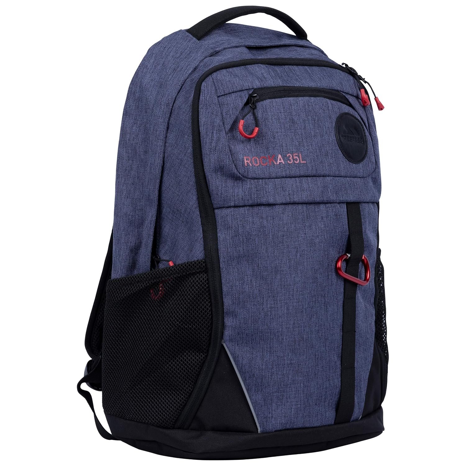 Trespass Unisex Backpack Rocka - 35L, 3 Zip Sections, Padded Back and Shoulder Straps, Laptop Compartment, Dual Stretch Mesh Pockets, Carabiner Clip, Attachment Loops, Polyester