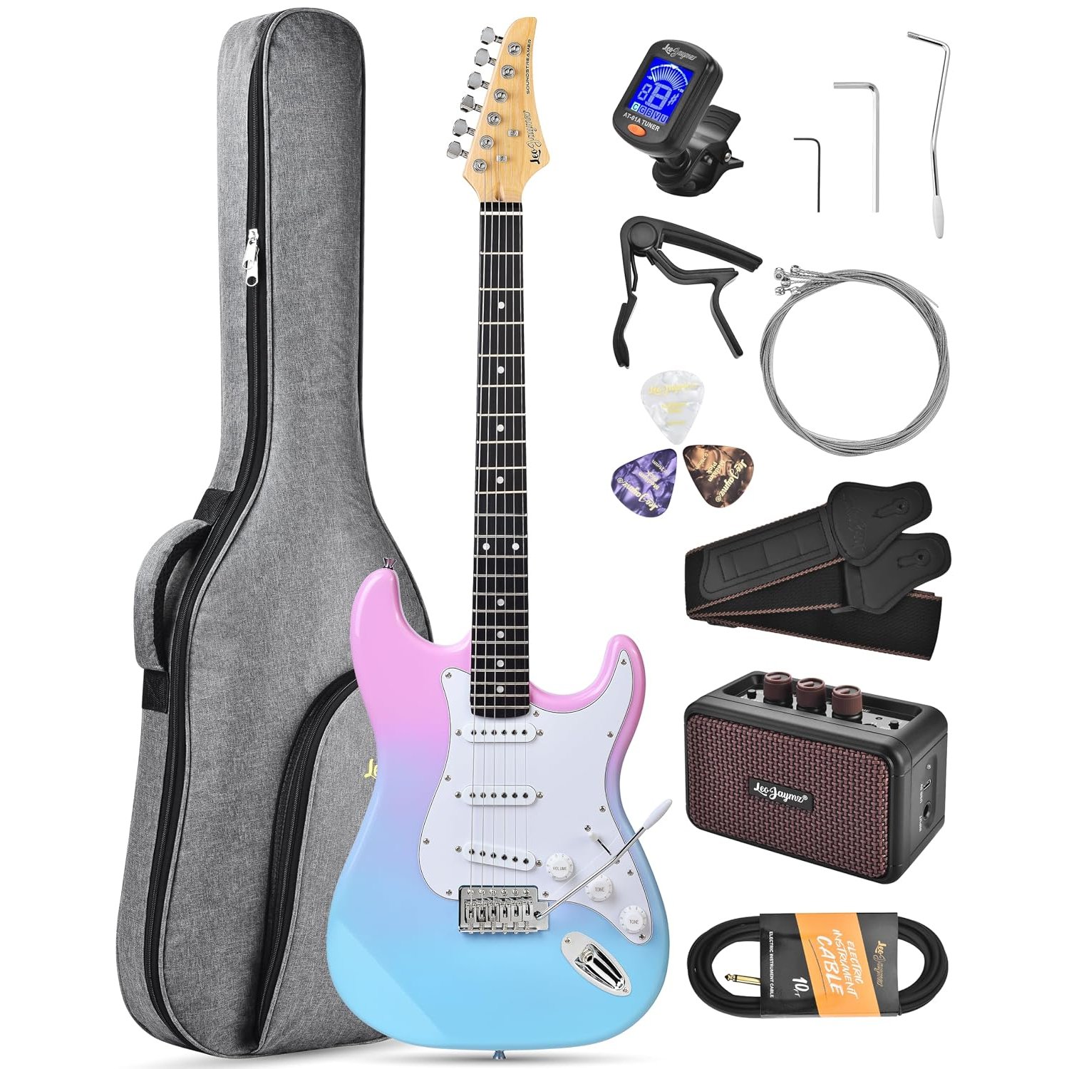 Leo Jaymz Beginner Electric Guitar 39” Kit with Portable Amplifier, Padded Gig Bag, Digital Tuner,Capo,Strap,Picks,Classic SSS Pickups(Pink-Blue Fade-SSS)