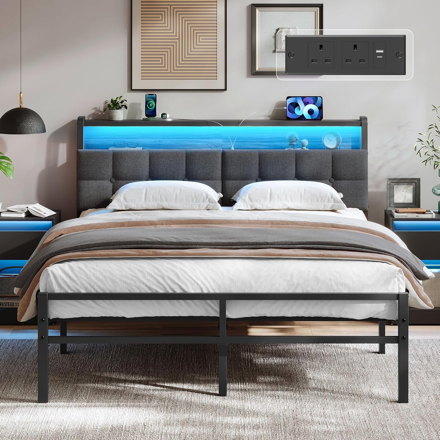 VASAGLE Double Bed Frame 135.5 x 208.9 cm with LED Lights and Charging Station, Metal Platform Bed Frame with Storage Upholstered Headboard, Industrial, Ink Black RMB126G201