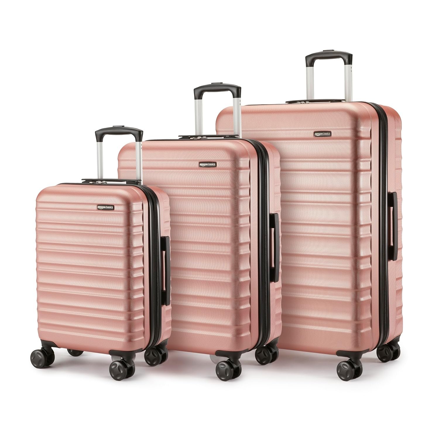 Amazon Basics Hard Shell Luggage Set (Small + Medium + Large) - Expandable ABS Travel Luggage with 4 Double Spinner Wheels - Scratch Resistant and Lightweight Construction - Rose Gold
