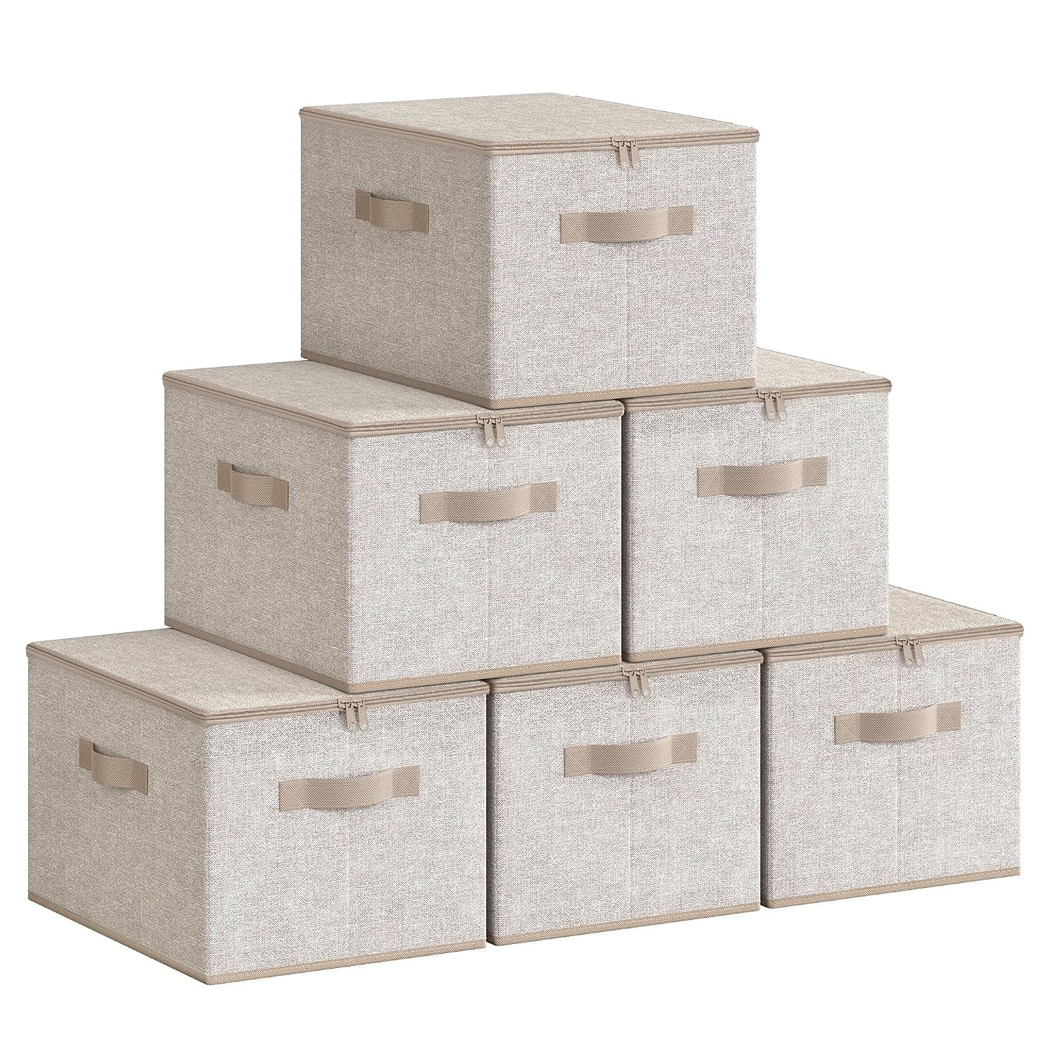 SONGMICS Foldable Storage Organiser Boxes, Storage Basket Bins with Lids, Handles, Clothes Organiser, Non-Woven Fabric, Set of 6, 40 x 30 x 25 cm, Sand Beige RZB003K02