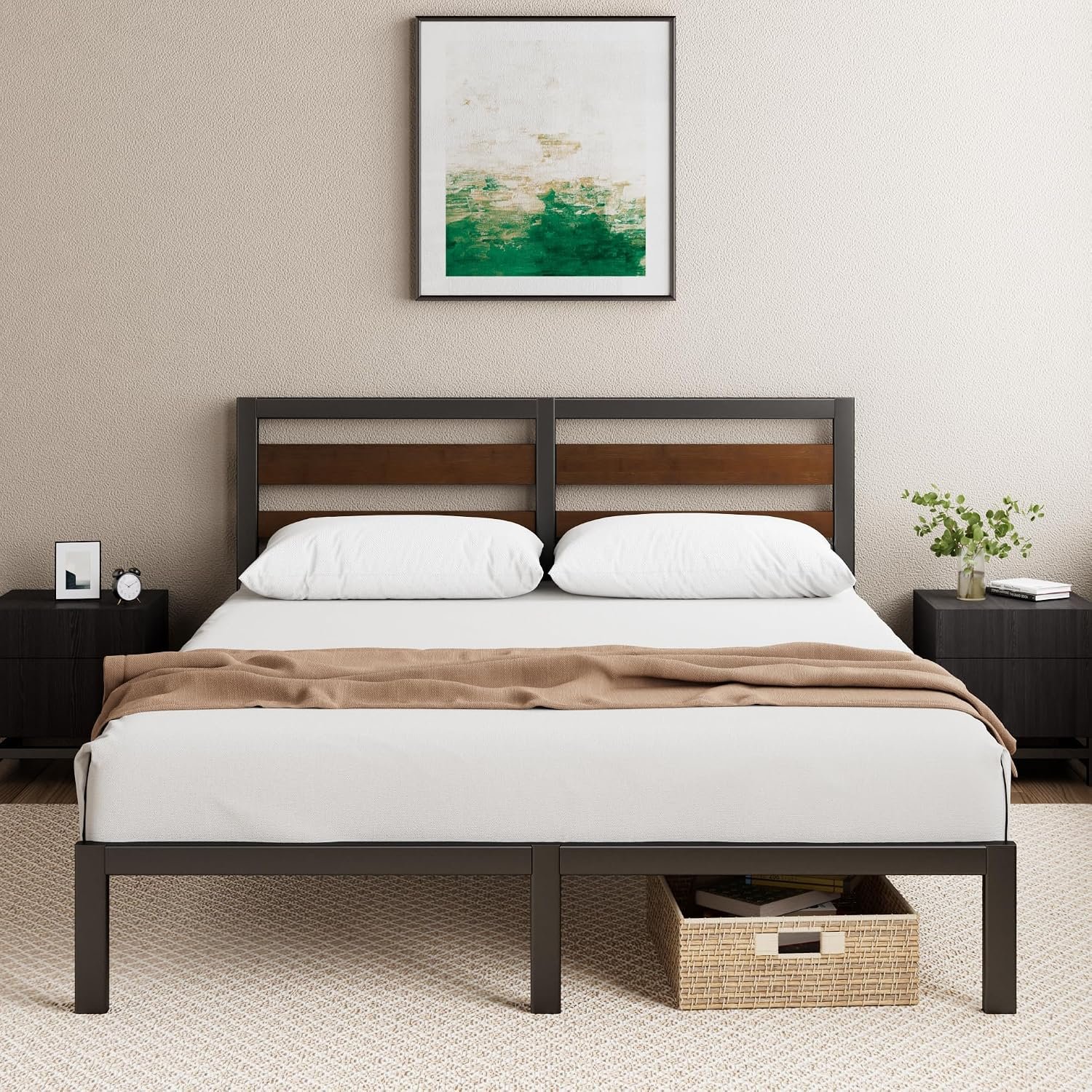 Zinus Kai Double Bed Frame with Headboard (135 x 190 cm) – Bamboo and Metal Bed Frame with Steel Slat Support, Easy Assembly – Black & Brown