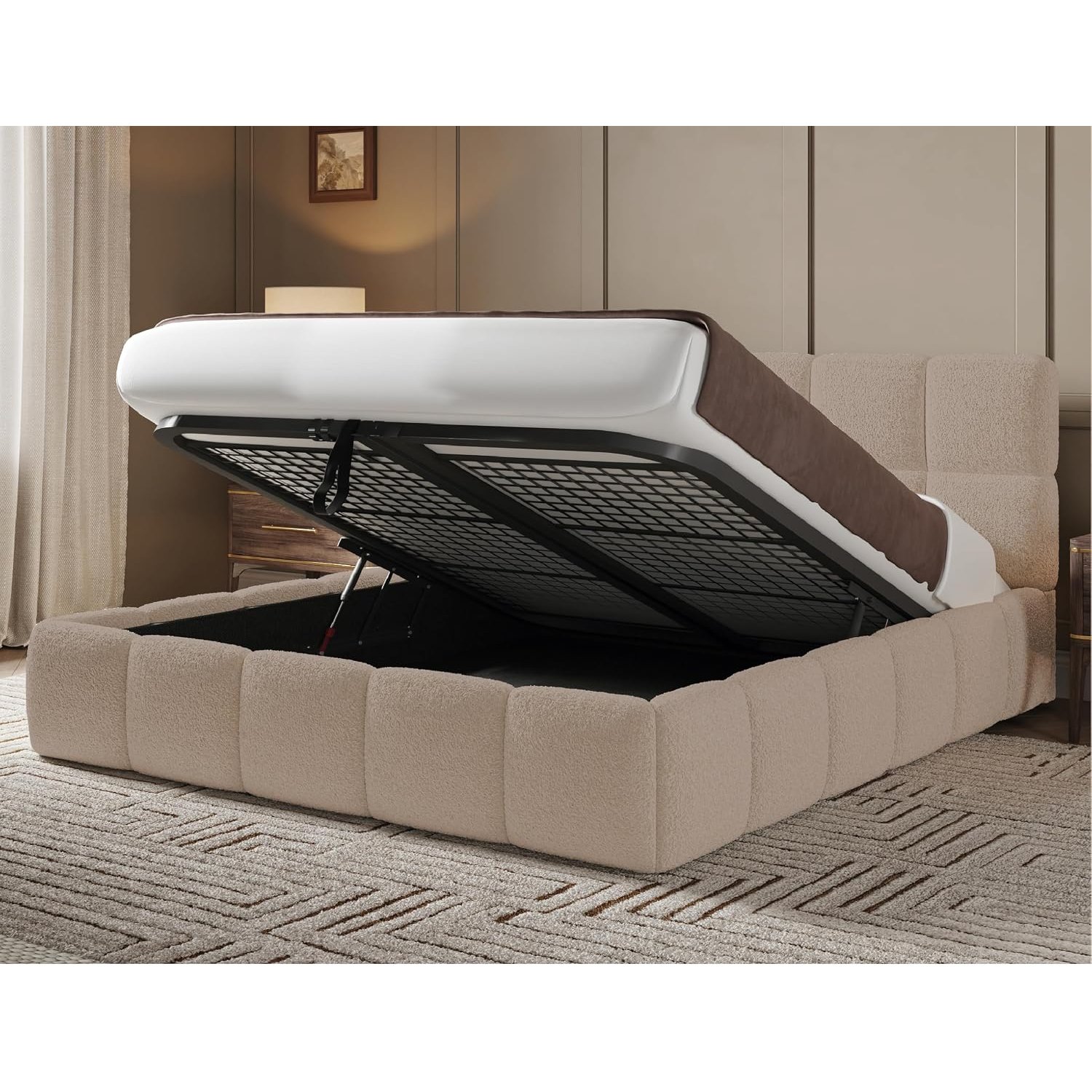 Luxury Cloud Teddy Boucle Double Bed with Storage and Mattress Included, Modern Ottoman Double Bed with Mattress and Storage, Luxury Frame with Mesh Metal, Gas Lift & Headboard in Mink Boucle