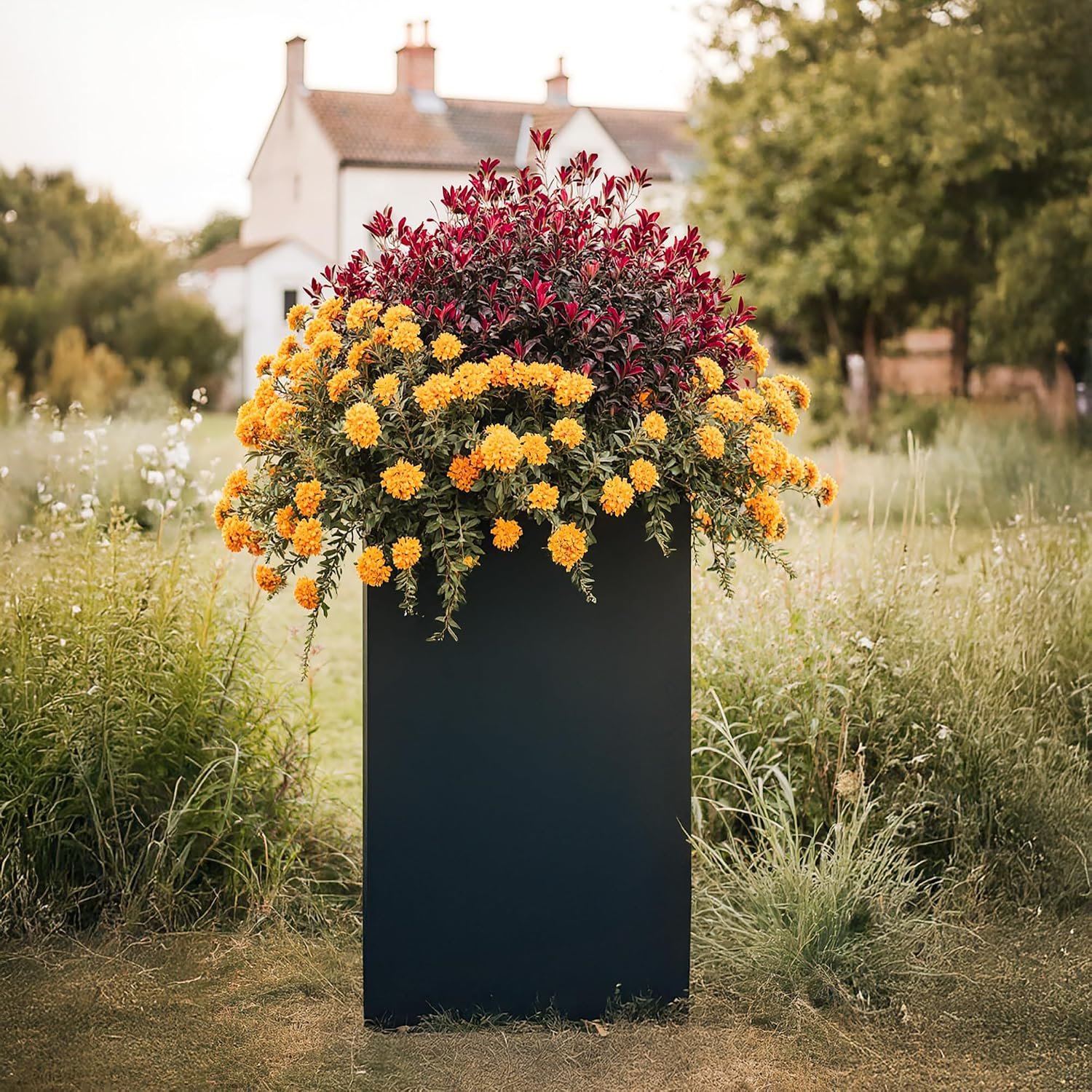 IDEALIST 60cm Tall Planter | Black Reinforced Stone Tall Square Planter | Garden Planters with Drainage Holes L27 W27 H60 cm, 44 litres