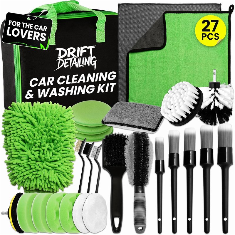 27 Pcs Car Cleaning Kit with Detailing Brushes - Complete Valeting Kit for Interior & Exterior - Includes Alloy Wheel Brush, Drill Polishing Pads & Wash Mitt - Professional Car Washing Gift for Men
