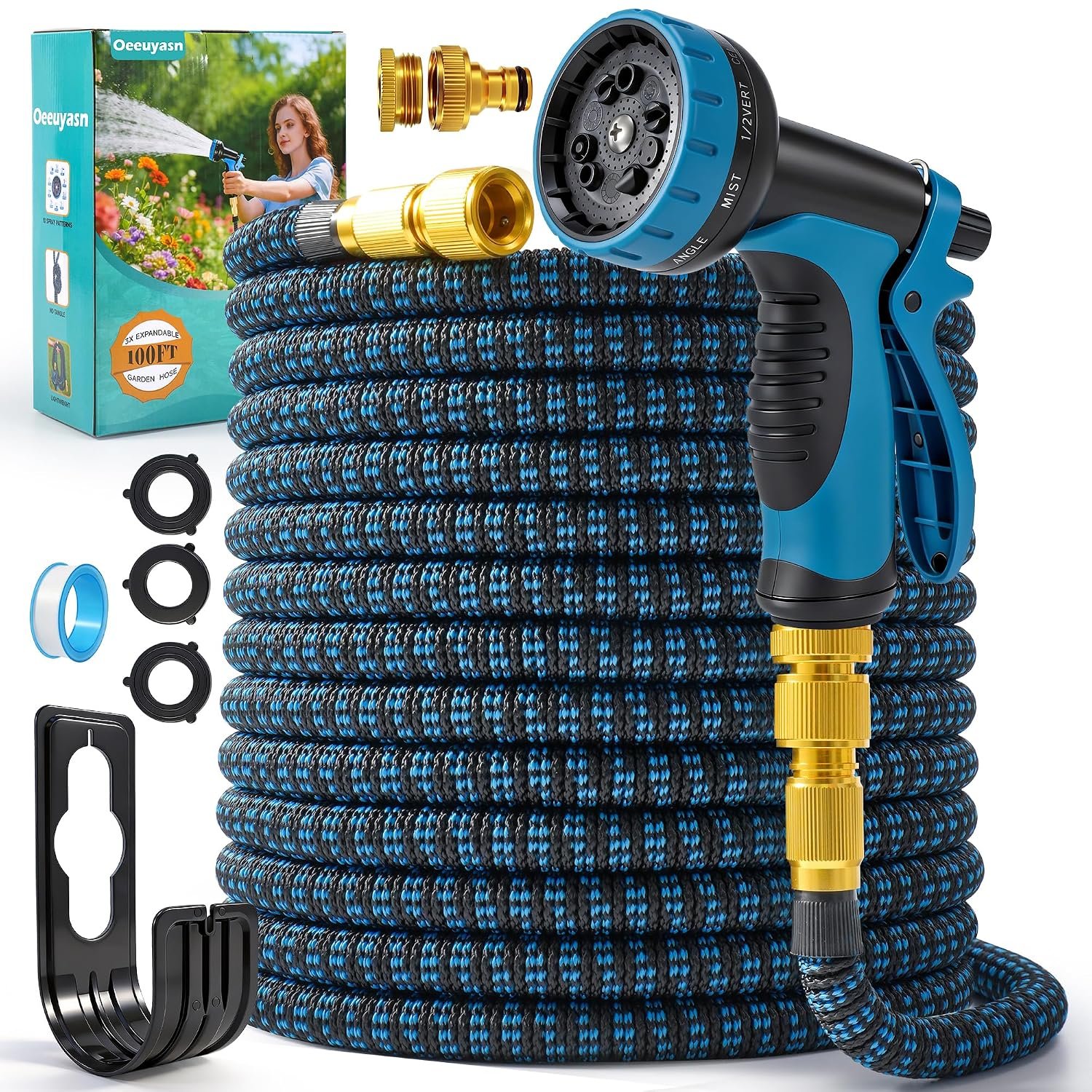 Expandable Garden Hose Pipe 100FT with 10-Pattern Spray Nozzle, 3/4"& 1/2" Alloy Fittings, Retractable Flexible Hose Pipe, Kink-Free, Leak-Proof, Expanding Water Hose for Gardening, Washing, Bathing