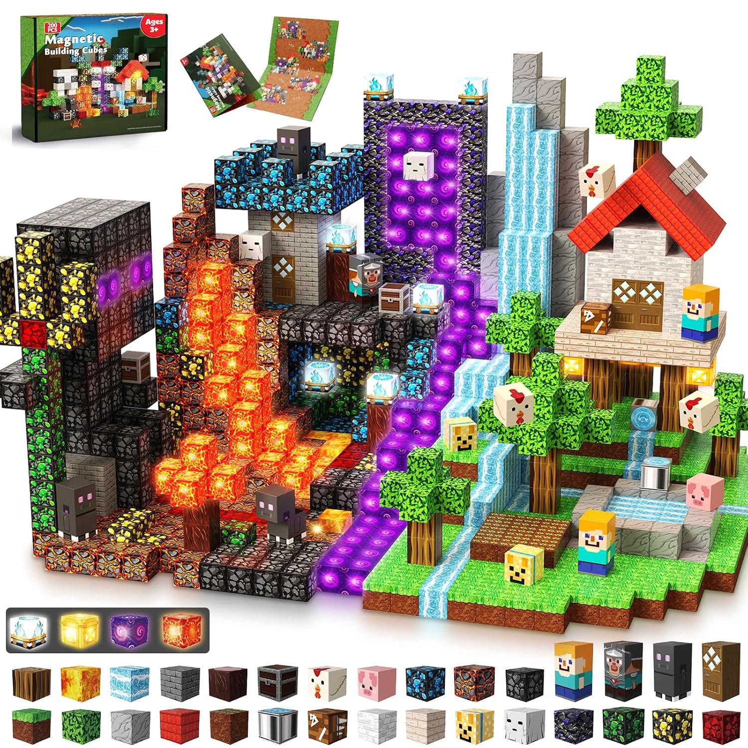 ToyUnited Magnetic Blocks - 200PCS Magnetic Building Blocks Flashing Light Cubes Forest Portal, Stacking Tiles STEM Sensory Toys for Kids Boys Girls Ages 3 4 5 6 7 8 9 10 Christmas Birthday Gifts