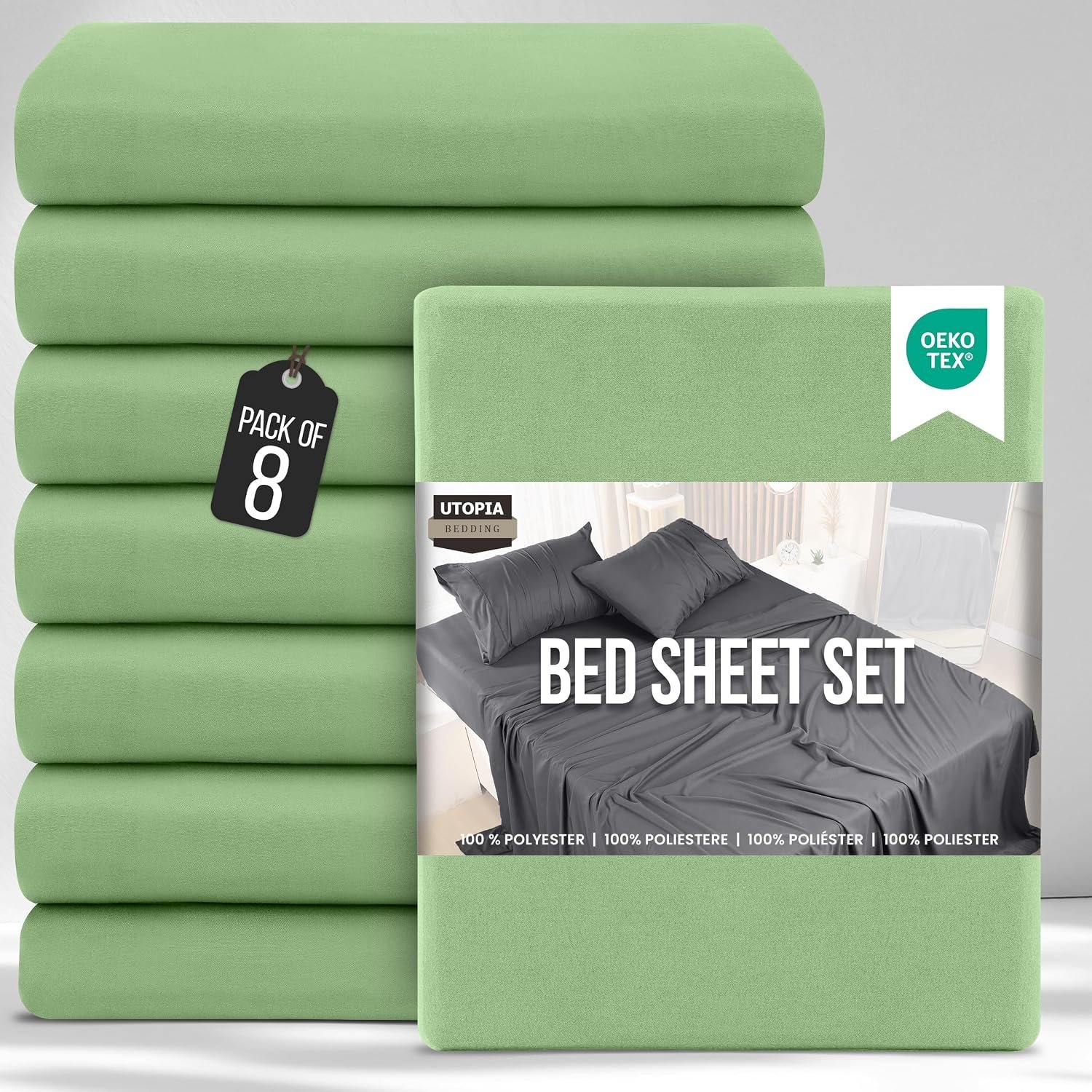 Utopia Bedding Bed Sheets Set Bulk Pack of 8 (Double, Sage) – Fitted Sheet, Flat Sheet with Pillow cases 50x75 – Wrinkle, Shrinkage & Fade Resistant – Soft Brushed Polyester Microfiber Fabric