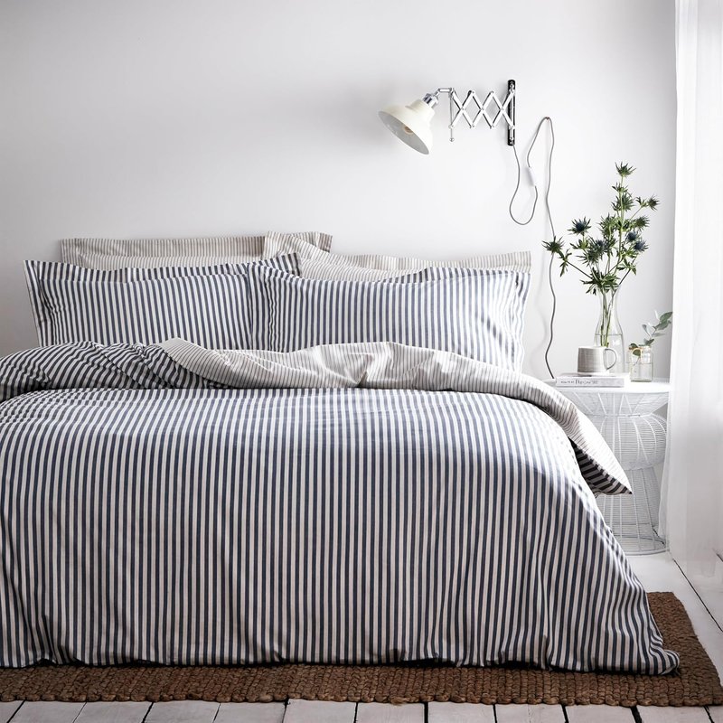 furn. Yard Hebden Mélange Stripe Cotton Duvet Set – Ultra Soft Reversible Striped Bedding (Navy – Double)