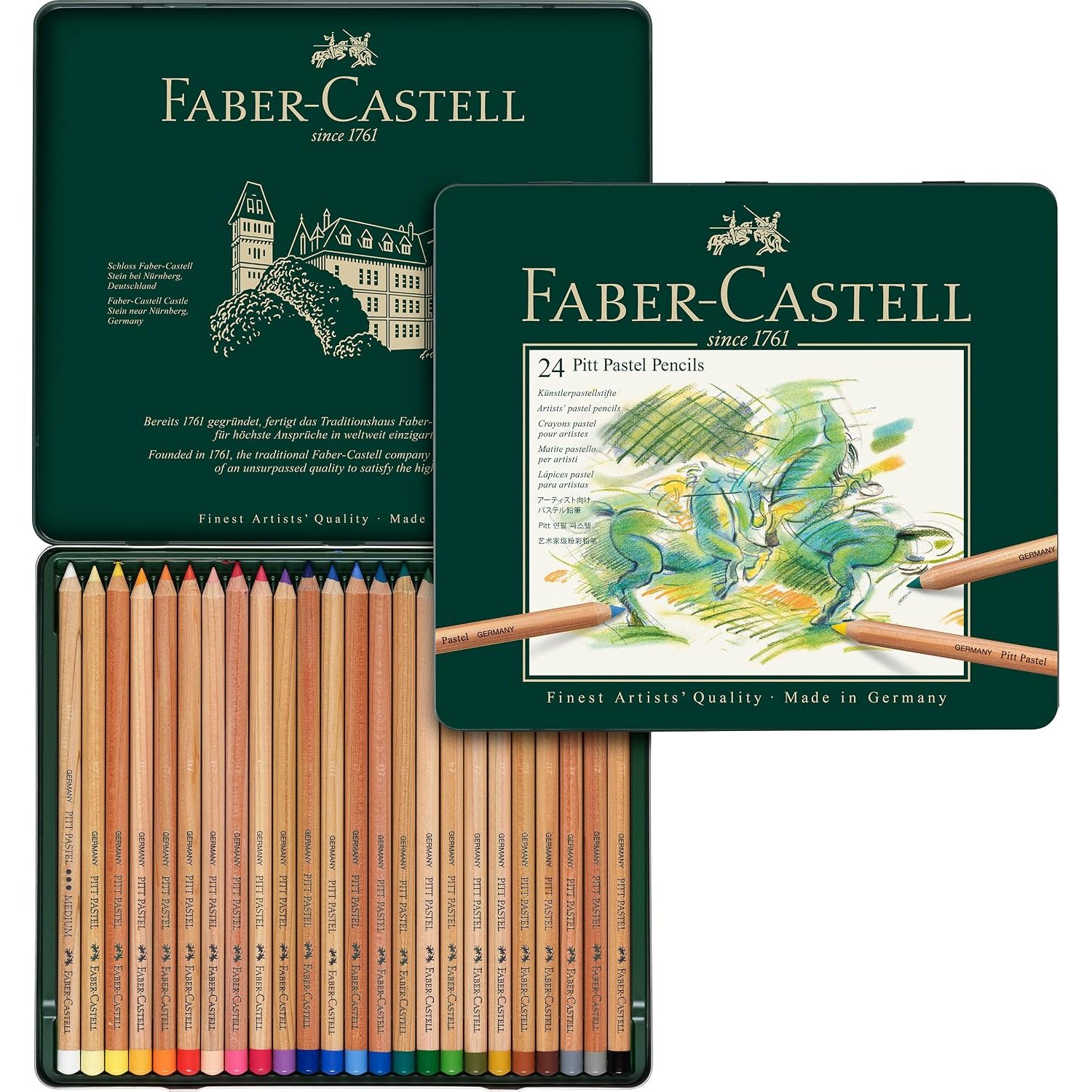 Faber-Castell Tin of 24 Pitt Pastel Artists Colouring Pencils, Colour Ideal For Colouring, Drawing, Sketching, By Professional And Hobby Artists, Coloured Pencils Presented In A Tin