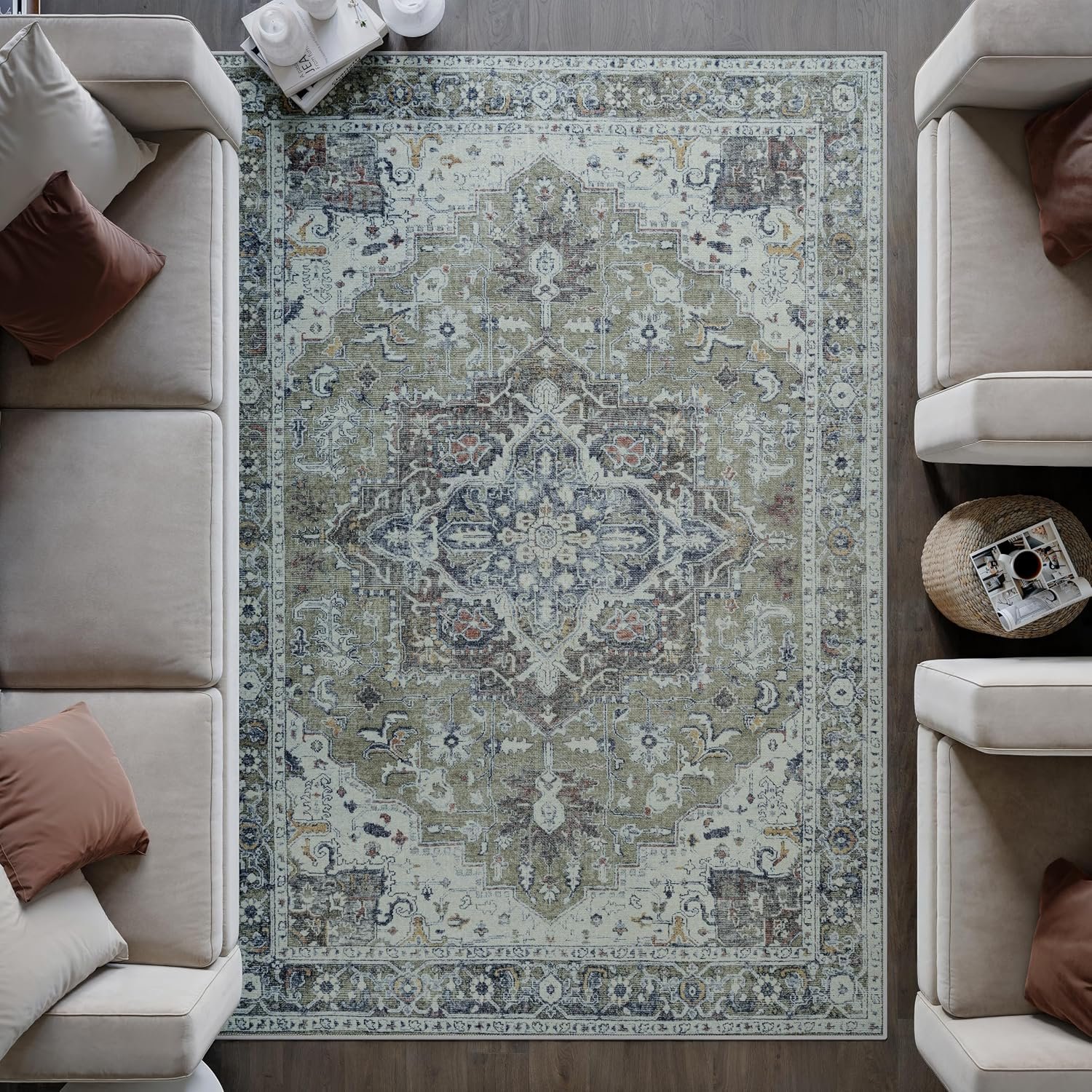 artyrugs Machine Washable Rug, 200x290cm, 75% Recycled Cotton, Short Pile, Non-Slip Backing, Non-Shedding, Suitable for Living Room, Bedroom, Kitchen, Hallway, Office, Brook Sage & Blue