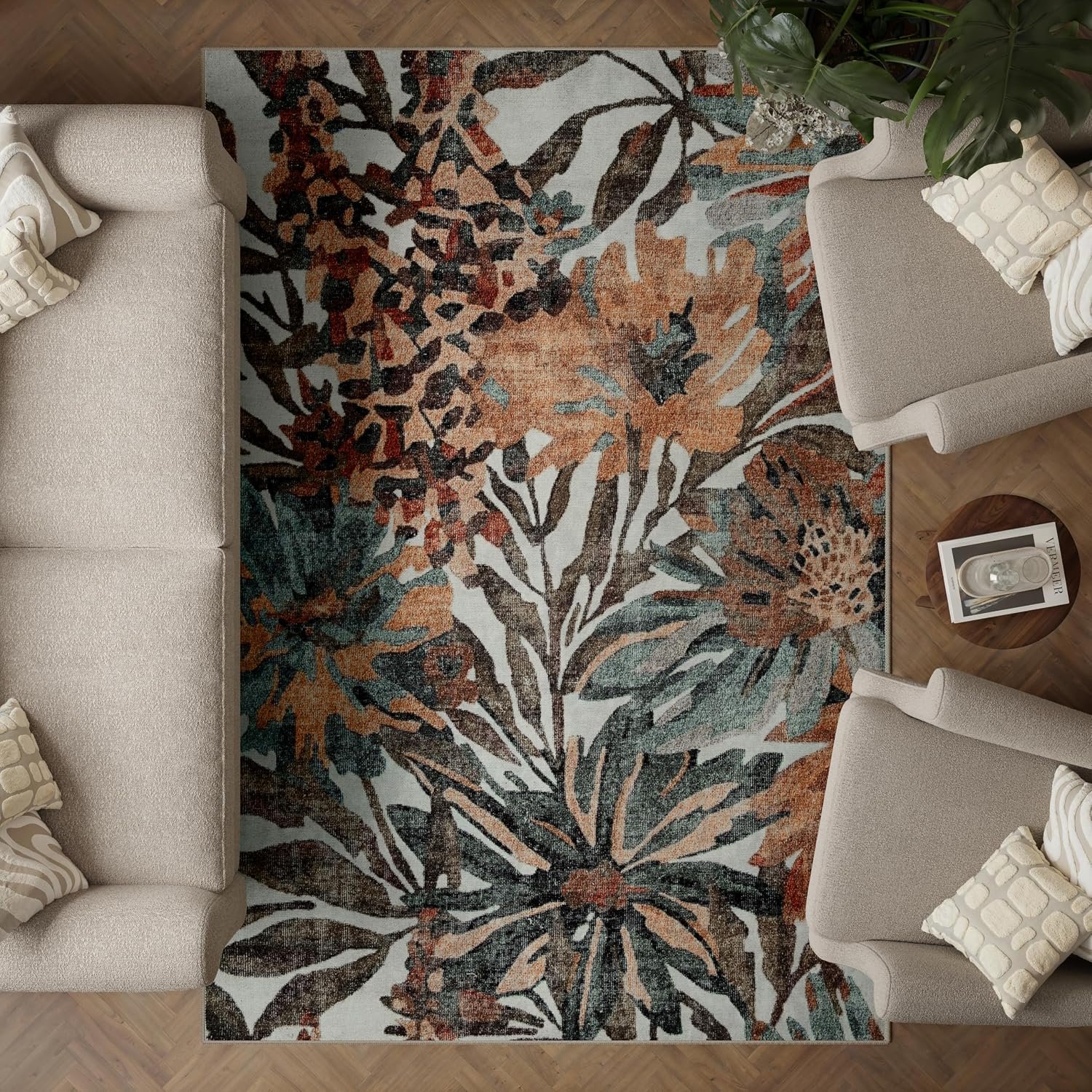 artyrugs Machine Washable Rug, 200x290cm, 75% Recycled Cotton, Short Pile, Non-Slip Backing, Non-Shedding, Suitable for Living Room, Bedroom, Kitchen, Hallway, Office, Dark Khaki & Peach