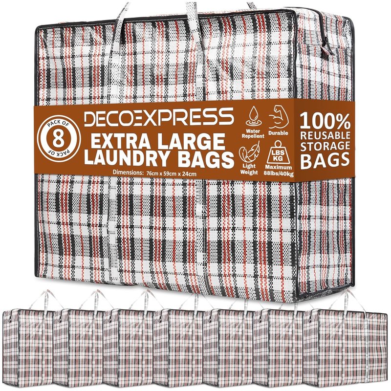 DECO EXPRESS Laundry Bags XXL, Pack of 8, 107L Strong, Durable & Reusable Extra Large Storage Bags with Zips, Ideal for Moving, Shopping, Packing, Laundry & Clothes Storage (76 X 59 X 24 CM)